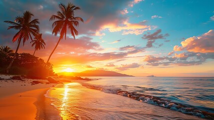 Amazing sunset on the beach with palm trees. The warm colors of the sky and the gentle waves of the ocean create a peaceful and relaxing scene.