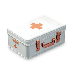First Aid Kit: A close-up shot of a modern, metal first aid kit, featuring a bold, orange cross, suggesting medical supplies.