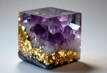 Cube de quartz améthyste avec des inclusions de micas dorées. Generated Image. 