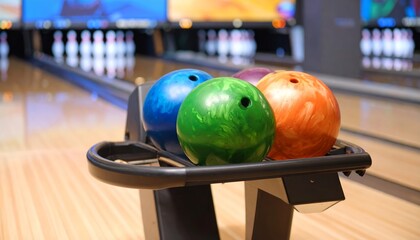 Colorful Bowling Balls on Rack in Modern Bowling Alley Environment