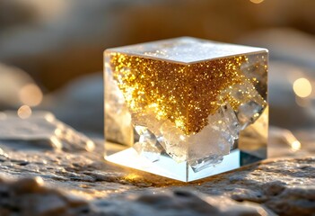 Cube de cristal de roche avec des inclusions de micas dorés. Generated Image. 
