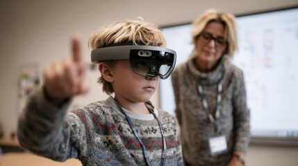 Child in modern classroom using immersive learning headset with teacher guiding nearby.