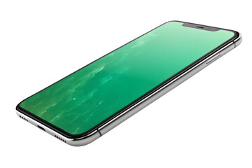 Smartphone isolated on transparent background displaying green screen