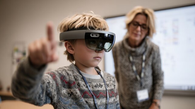 Child in modern classroom using immersive learning headset with teacher guiding nearby.