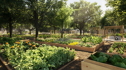 Obraz premium A community garden bustling with life, showcasing collaboration and growth, warm and inviting.