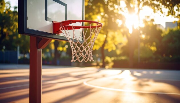 Sunset on Basketball Court with Hoop and Net in Background