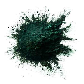 Splash or pile of dark green spirulina or chlorella powder, isolated on a clean white background, top view,
