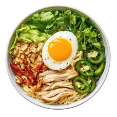 Delicious Chicken Ramen Bowl with Poached Egg Sun-dried Tomatoes and Jalapenos isolated on a transparent background