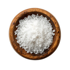 Obraz na płótnie Canvas Small wooden bowl filled with coarse sea salt, isolated on a clean white background, top view,