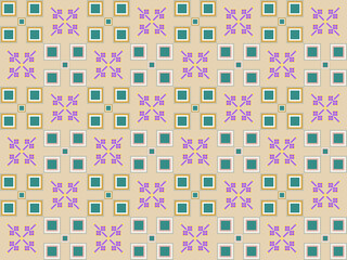 A geometric pattern with small floral motifs on a beige background, featuring turquoise squares and yellow-outlined squares, creating a modern and orderly design.