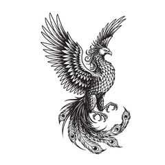 Naklejka premium Intricate vintage art silhouette of a mythical phoenix bird with detailed feathers and wing span design