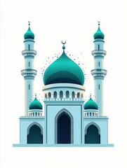 Illustration of a mosque with large central dome and two minarets, featuring crescent moons on top, in shades of blue and teal, on a white background