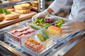 Obraz premium view of refrigerated drawer with assorted raw meats being organized by chef