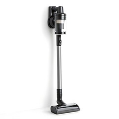 A gray and black cordless stick vacuum cleaner mounted on a white wall in a well lit environment