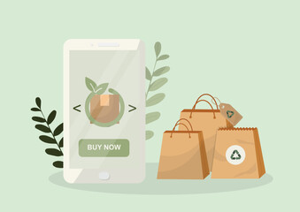 Mobile e-commerce sustainable shopping app interface with eco friendly packaging and recyclable shopping bags. Green online retail. Sustainable shopping. Eco-friendly purchasing. Vector illustration