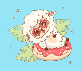 Cute summer Sheep with sunglasses floats on inflatable donut. Beach funny Farm Animal. Happy kawaii character vacation. Vector illustration. Kids collection