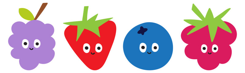 Funny berries. Raspberry, blueberry, strawberry, grapes. Flat vector illustration on white background.