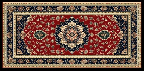 Intricately patterned rectangular rug with central medallion and detailed floral motifs in red, navy, beige, and green tones, evoking a classic and elegant ambiance