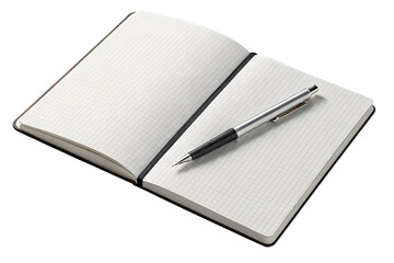 Open notebook with pen isolated on transparent background for writing