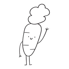 Happy carrot character. Outline vector hand drawn illustration on white background.
