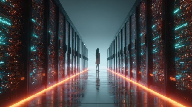 Cloud technology executive in high-tech warehouse analyzing server performance with glowing holographic data.