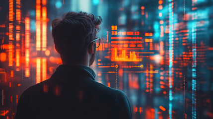 Businessman analyzes financial data for banking investment growth and risk management strategy
