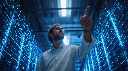 Cloud technology executive in high-tech warehouse analyzing server performance with glowing holographic data.