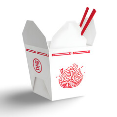 Noodle takeout box: The iconic takeout box, a symbol of convenience, is ready to serve a delicious meal, complete with chopsticks and a hint of culinary delight.