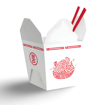 Noodle takeout box: The iconic takeout box, a symbol of convenience, is ready to serve a delicious meal, complete with chopsticks and a hint of culinary delight.