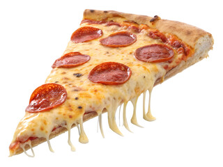 Slice of pepperoni pizza with dripping cheese isolated on transparent background