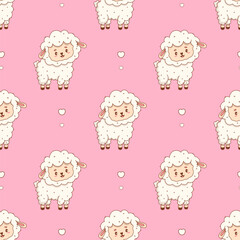 Seamless pattern with Cute Sheep on pink background. Happy Funny kawaii Farm Animal character. Vector illustration. Kids collection