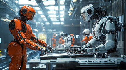 Fototapeta premium A futuristic scene of robots and humans working together on a project (1)