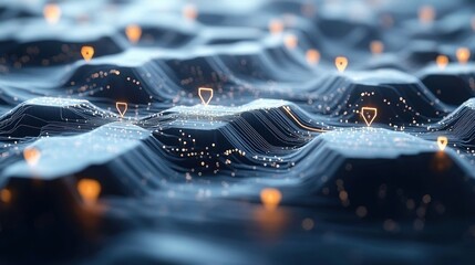 Abstract digital landscape with glowing orange location markers over a blue grid surface depicting data flow and connectivity