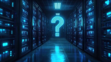 Futuristic data center corridor with glowing blue server racks on both sides and a large illuminated question mark floating in the center, evoking mystery and technology
