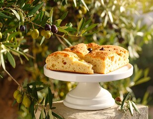 Fougasse, pain provençal aux olives dans un plat sur piédestal. Generated image