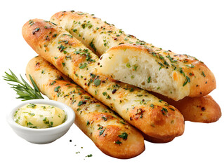 Garlic Breadsticks with Herb Butter:  A delicious and appetizing photo of golden-brown garlic breadsticks, freshly baked and sprinkled with herbs, served alongside a small bowl of creamy herb butter.