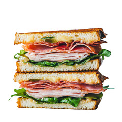 Gourmet Turkey and Mortadella Sandwich Toasted Bread Layers Melted Cheese Green Leafy Lettuce Isolated on a transparent background