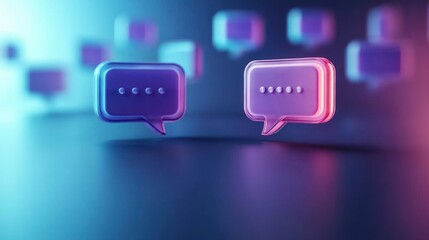 Futuristic 3D chat bubbles glowing in blue and pink neon light floating on a dark surface representing digital communication