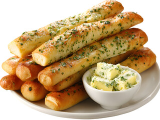 Savory Garlic Breadsticks: Freshly baked garlic breadsticks, golden and crispy, accompanied by a creamy, herbed butter, inviting a taste of simple, rustic indulgence.