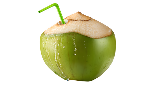 Young green coconut, top sliced open, with a drinking straw inserted, ready to drink fresh coconut water, tropical beverage concept. Isolated on transparent background.