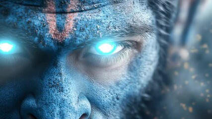 glowing eyed blue skinned deity inspired by Indian mythology. Divine warrior look with forehead symbol. Fantasy and spiritual concept, perfect for Maha Shivaratri themes