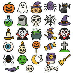 Halloween cartoon icons with pumpkin ghost witch spider cat skull vampire candy and spooky elements in colorful playful style