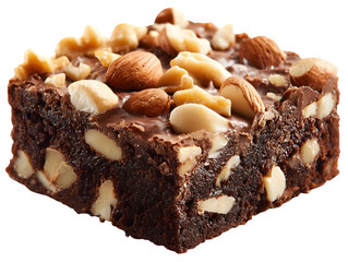 Chocolate Brownie Delight: A close-up, mouthwatering shot of a rich, decadent chocolate brownie generously studded with a variety of nuts, a delightful treat