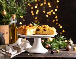 Fougasse, aux olives spécialité provençale, présentée sur plateau à piédestal dans une ambiance festive. Generated image