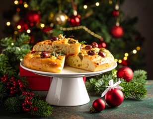 Fougasse, aux olives spécialité provençale, présentée sur plateau à piédestal dans une ambiance festive. Generated image