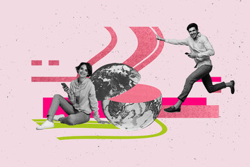 Contemporary poster trend art collage of upset happy girl guy stand earth half environmental...