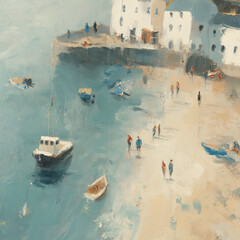 Na&iuml;ve Style Harbour Scene &ndash; Square Painting of Boats, People and Houses in Coastal England