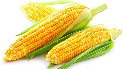 Fresh, vibrant yellow corn on the cob isolated on a clean white background, presenting a mouth - watering and healthy food option. Ideal for food - related projects, this image showcases the natural 