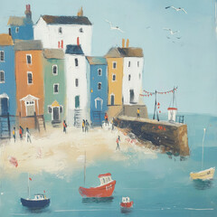 Na&iuml;ve Style Harbour Scene &ndash; Square Painting of Boats, People and Houses in Coastal England
