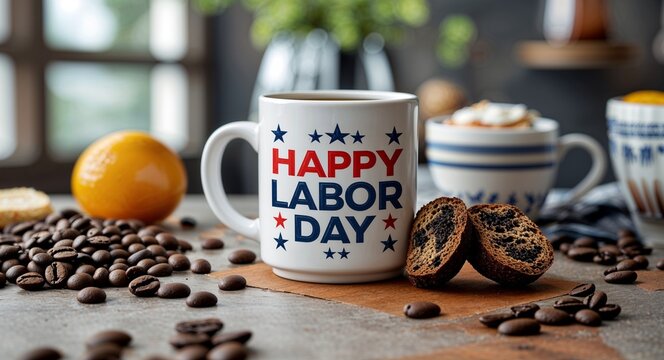 happy labor day lettering on coffee mug at table